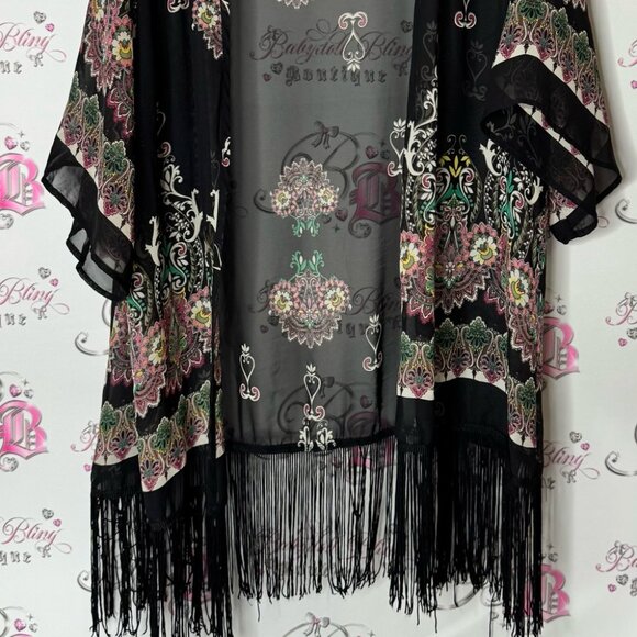 Olive tree cardigan paisley boho tassle hem flowers Black Floral Fringe Kimono - Picture 5 of 8